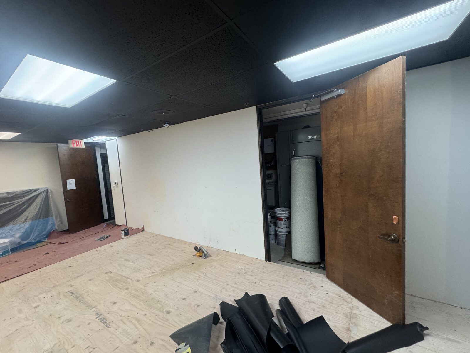 Studio ceiling and grid painted flat black